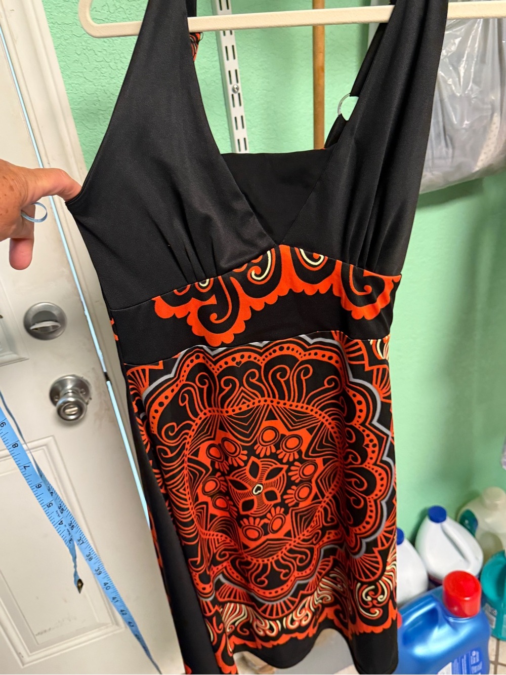 Black & Orange V-Neck Midi Dress with Bold Print